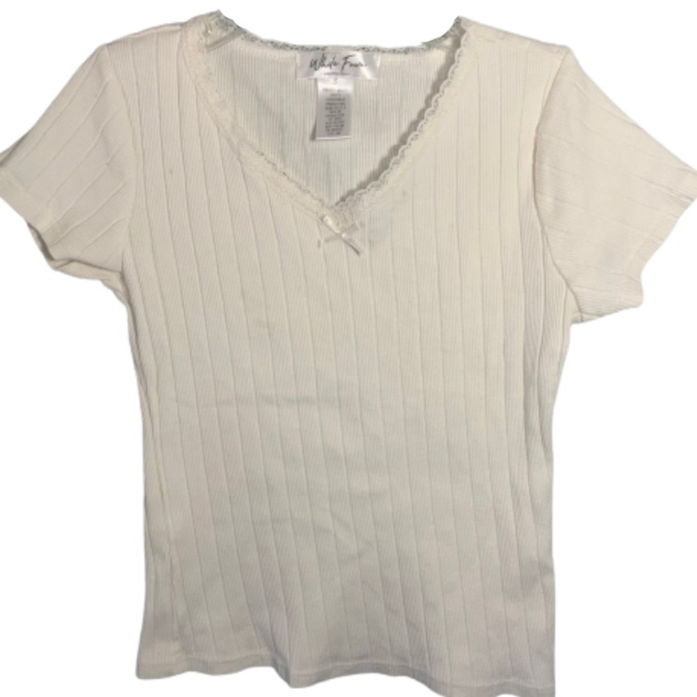 White Fawn Ribbed Lace Lined V-Neck Tee